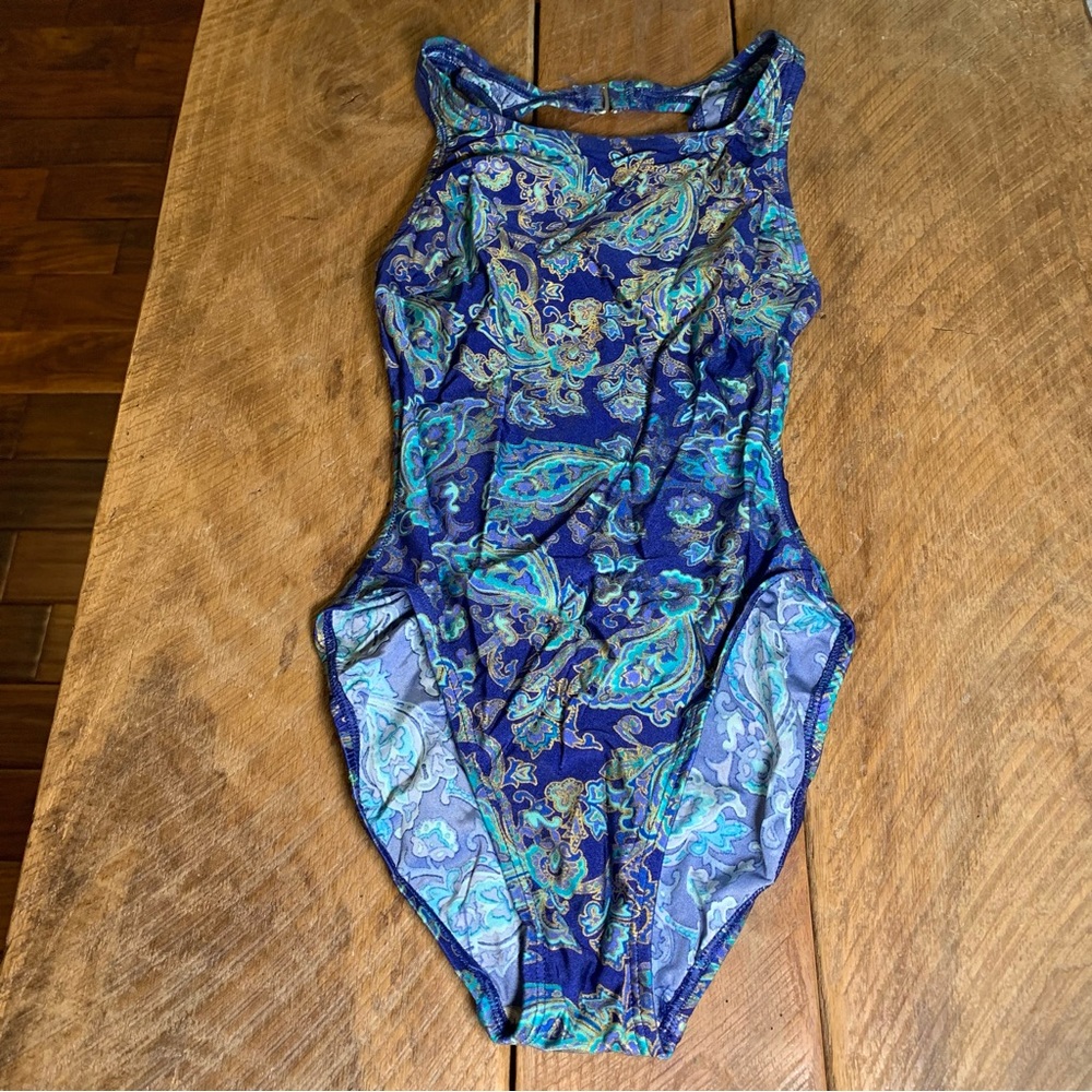 Baja Blue vintage 90s one piece swimsuit, size 6, blue and gold paisley